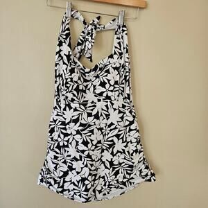 Lands' End Floral Tankini Top Size 16 Halter Ruched Black Wire Free